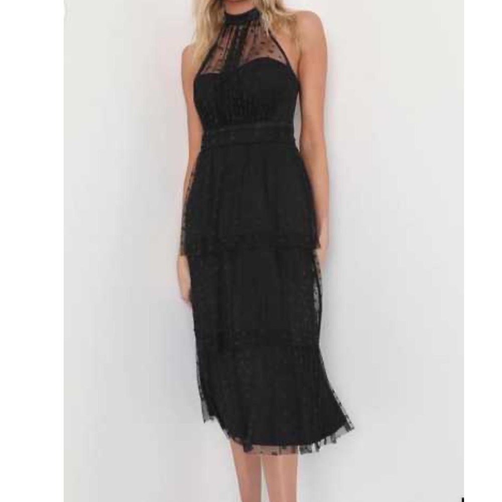 Lulus Black Floral Mesh Halter Midi Dress Tiered Party Cocktail NWT - Picture 2 of 8